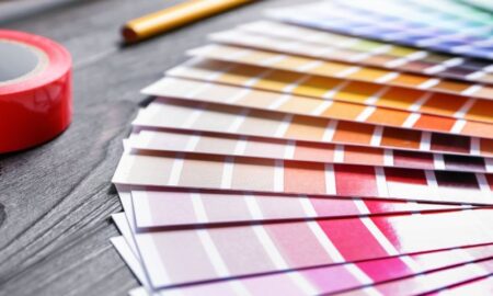 Paint swatches on a wooden table