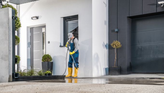 Man power washing a walkway