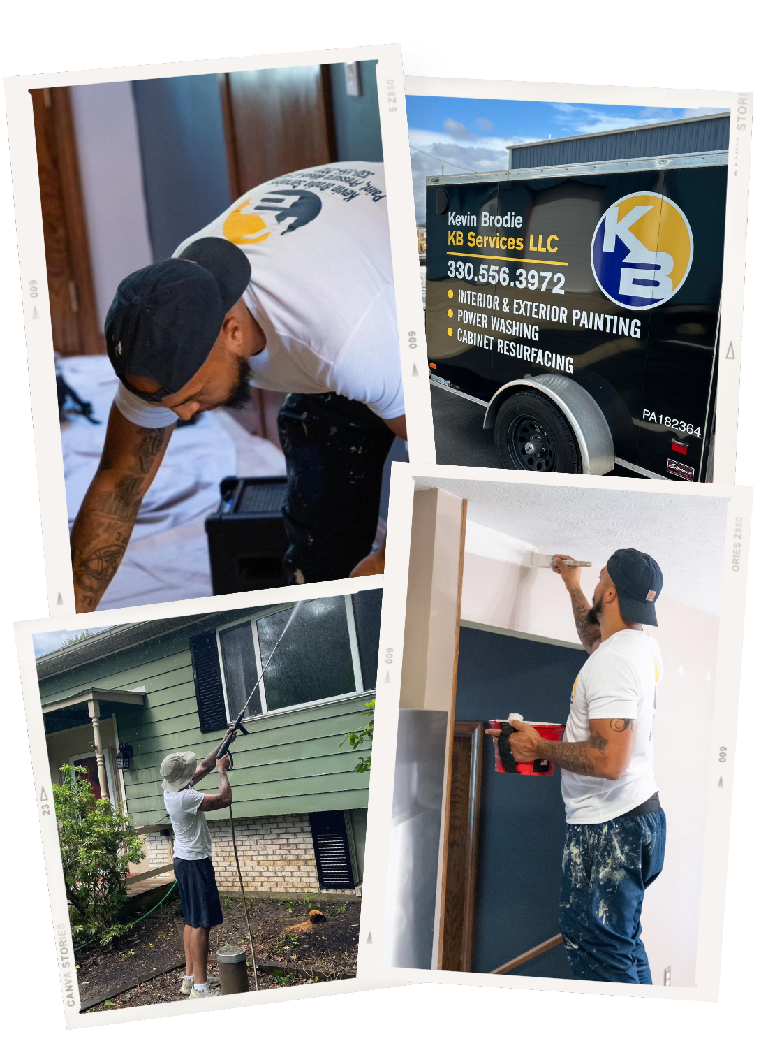 Comprehensive service montage for Kevin Brodie Services, highlighting their painting, power washing, and cabinet refinishing services in Sharon, Pennsylvania. The collage features a worker engaged in various tasks, from power washing a house exterior to carefully painting interior trim, illustrating the diverse skill set and thorough workmanship offered by the business.