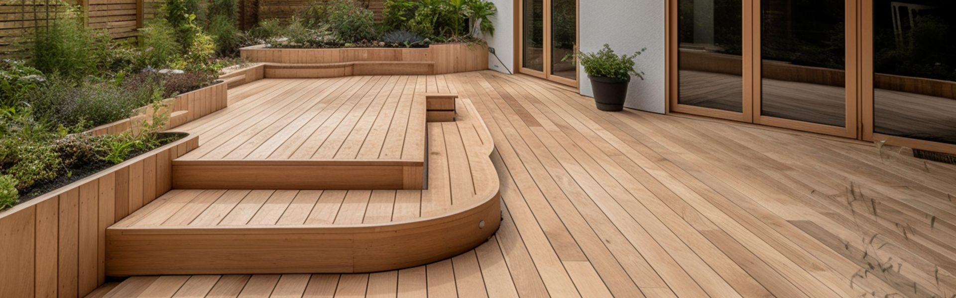 Exquisite wooden deck installation by Kevin Brodie Services in Sharon, Pennsylvania, illustrating their expertise in exterior design and construction. The deck is characterized by its curved benches and smooth, expansive wooden surfaces, ideal for a serene outdoor retreat.