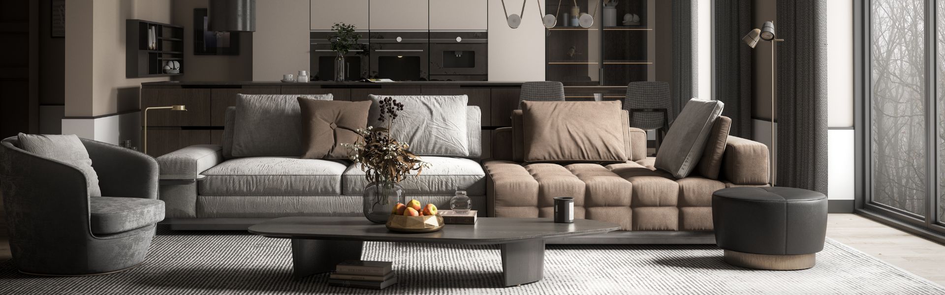 Sophisticated living room interior by Kevin Brodie Services, featuring a range of grey tone sofas and plush cushions, set against a backdrop of sleek, dark-toned walls and large glass doors in Sharon, Pennsylvania. The space showcases expert painting and interior design craftsmanship.